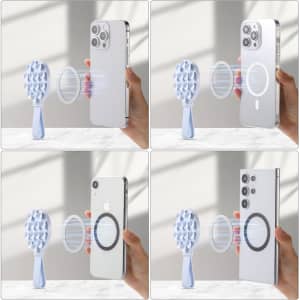 A magnetic suction phone holder in white, demonstrating its functionality with various smartphone models.