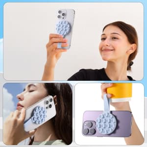 A light blue magnetic suction phone holder attached to a smartphone, held by a person in two different settings.