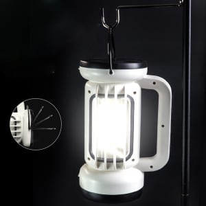 A white rechargeable COB lantern with a black top and handle, suspended from a hook.