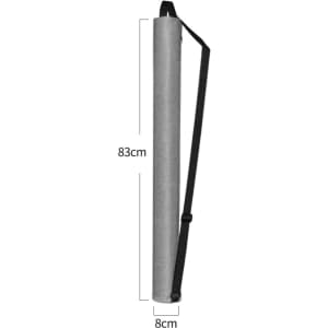 A drink bottle cooler tube in grey with a black strap, measuring 83 cm in length and 8 cm in diameter. Brand logo present.