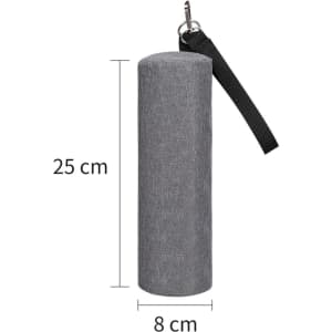 A drink bottle cooler in grey fabric, featuring a strap and measures 25 cm in height and 8 cm in diameter.
