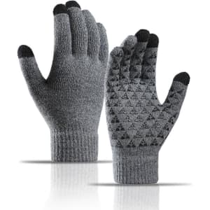 A pair of grey thick adult gloves featuring three finger touch tips and a textured grip pattern.