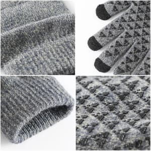 A pair of grey thick adult gloves with three-finger touch tips, featuring a textured pattern and ribbed cuffs.