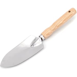 A stainless steel gardening trowel with a wooden handle, ideal for planting and digging tasks in the garden.