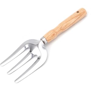 A garden fork with a polished silver head and a wooden handle, ideal for soil aeration and cultivation.