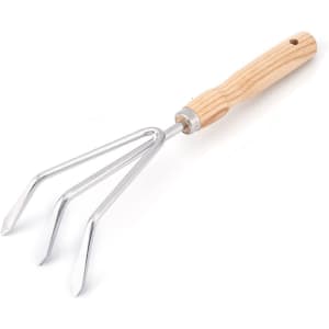 A garden fork with a wooden handle and three metal tines, ideal for cultivating soil and gardening tasks.
