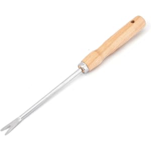 A garden tool with a wooden handle and a metal forked tip, ideal for cultivation tasks.
