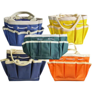 A set of five multi-coloured garden totes in blue, green, yellow, orange, and navy, featuring multiple pockets and sturdy handles.