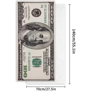 A large beach towel featuring a design that resembles a 100-dollar banknote, predominantly in green and white.