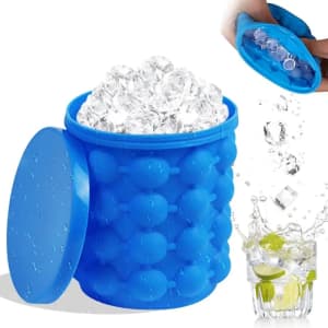 A blue silicone ice cube maker and bucket filled with ice cubes. A hand is shown removing ice from the container.