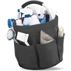 A portable black tool basket filled with cleaning supplies, including bottles, scrub brushes, and sponges.