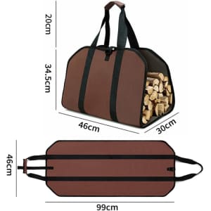 A brown log carrier tote bag with black straps, filled with wood logs, displayed from different angles.