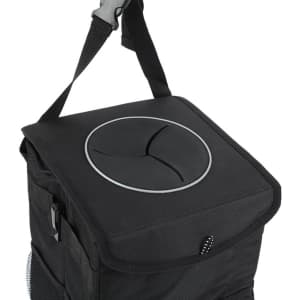 A foldable trash can in black fabric with a lid featuring a circular opening and a shoulder strap.