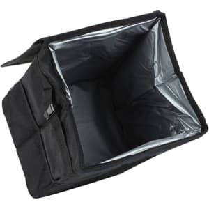 A foldable car trash can in black, featuring an insulated silver interior and a secure fastening mechanism.
