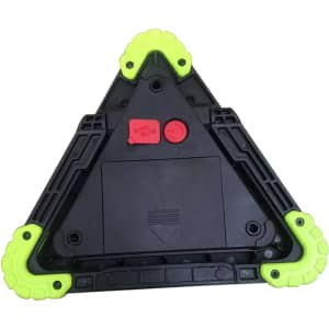 A multifunctional triangular car tool with bright green rubber corners and a central red button. It features a logo.