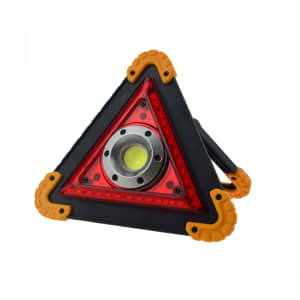 A triangular multifunctional lamp in red and black with orange accents. It features a central light and stands upright.