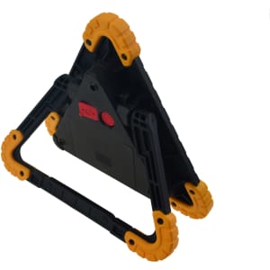A triangular multifunctional car tool with a black body and yellow accents, featuring a foldable stand and a power button.