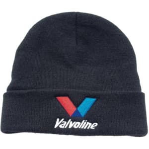 A black custom knitted beanie hat with a cuff featuring a logo on the front.