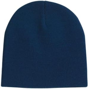 A custom knitted beanie hat in a solid navy blue colour, featuring branding.