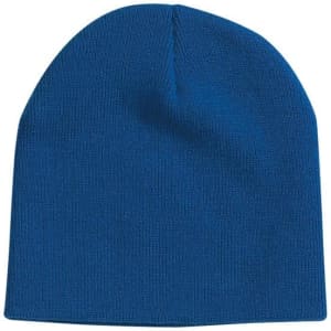 A custom knitted beanie hat in solid blue, featuring a seamless design and a logo on the side.