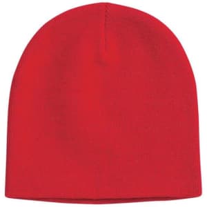 A custom knitted beanie hat in bright red, featuring a simple design and no visible logos.