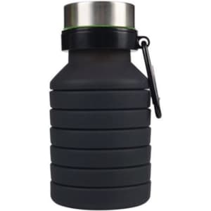 A drink bottle in black with a stainless steel top and a collapsible design, featuring a carabiner for attachment.