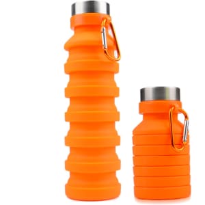 A drink bottle in vibrant orange, featuring a collapsible design with stainless steel accents and a carabiner clip.