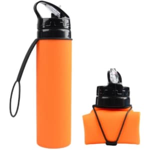 A drink bottle featuring a bright orange silicone body, with a black lid and an attached carrying loop.