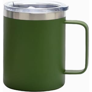 A drink bottle in green with a stainless steel lid and handle, featuring a logo.