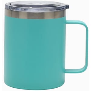 A teal travel mug with a stainless steel rim and a handle, featuring a lid.
