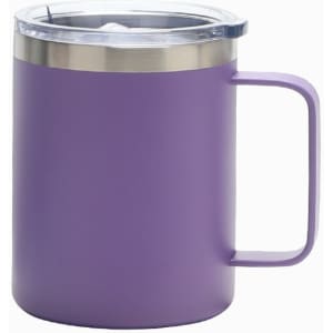 A drink mug in a vibrant purple colour with a stainless steel band and a clear lid.