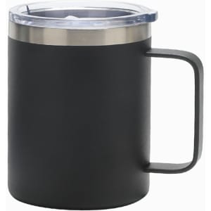 A drink bottle featuring a sleek black design with a stainless steel rim and a clear lid. It has a sturdy handle and a logo.
