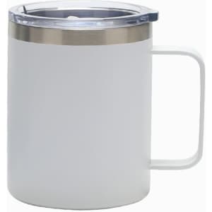 A drink mug in white with a clear lid and stainless steel rim, featuring a handle and a logo on the front.