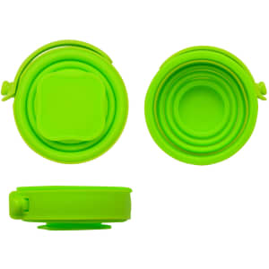 A drink bottle set featuring a foldable design in bright green silicone. Includes a lid and a logo.