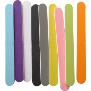 A set of ten nail filers in various colours including purple, black, green, pink, and orange.