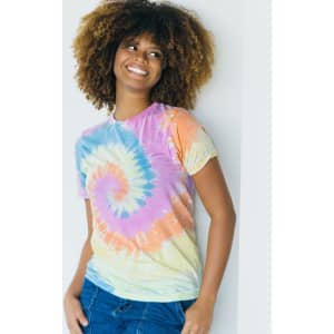 A tie-dye adult T-shirt featuring a spiral pattern in pastel colours of pink, blue, orange, and yellow.
