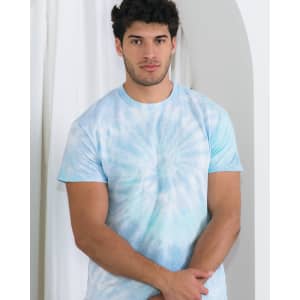 A tie-dye adult t-shirt in light blue hues, featuring a circular pattern. The shirt has a logo on it.