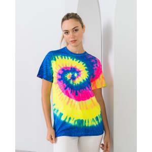 A tie-dye adult t-shirt featuring vibrant colours of blue, yellow, pink, and green, prominently displaying a spiral design.