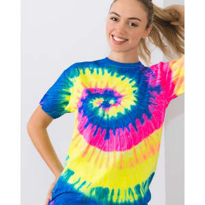 A vibrant tie-dye adult T-shirt in yellow, pink, blue, and green with a spiral pattern, featuring a logo.