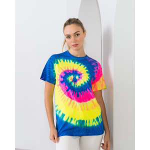 A vibrant tie-dye adult T-shirt featuring blue, pink, yellow, and orange spirals, displayed on a model.