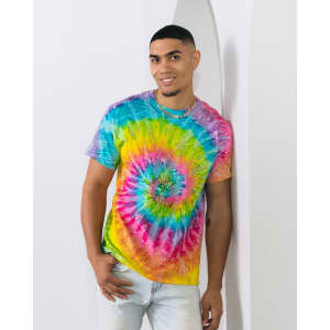 A multi-coloured tie dye adult T-shirt featuring vibrant swirls of blue, pink, yellow, and green. It has a logo.