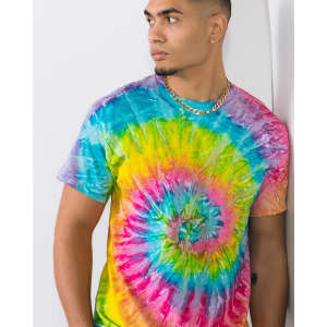 A vibrant tie-dye adult T-shirt featuring a swirl of pink, blue, yellow, and green colours, worn by a model.