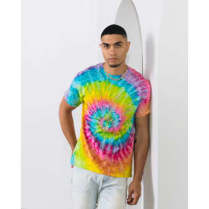 A vibrant tie-dye adult T-shirt featuring swirling colours of pink, yellow, blue, and green, with a logo.