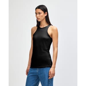A black racerneck tank top with a fitted design and a logo, worn by a model against a plain background.