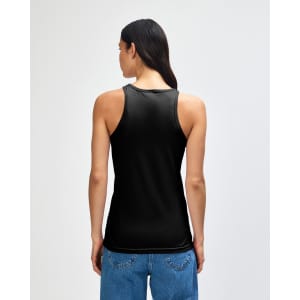 A black women's racerneck tank top viewed from the back, featuring a simple and fitted design.