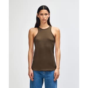 A fitted women's racerback tank top in olive green with a branding logo.