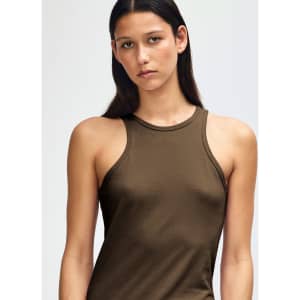A women's racerneck tank in olive green with a fitted design and a subtle logo.