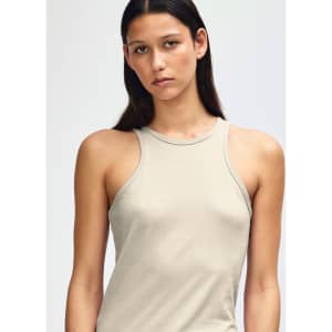 A light grey women's racerback tank top with a fitted design and a small logo on the front.