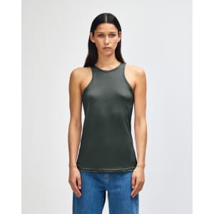 A dark green women's racerneck tank top with a fitted design, featuring a logo.