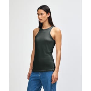 A women’s racerneck tank top in dark green, featuring a fitted design and a logo detail.